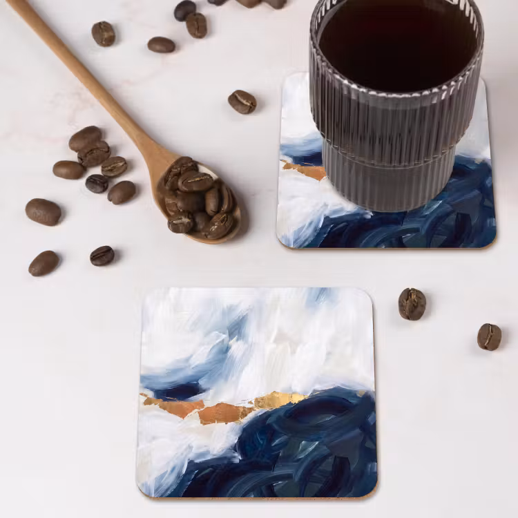 Abstract - Acryl - Blauw - Goud - Elegant onderzetter kurk middel -sfeer2