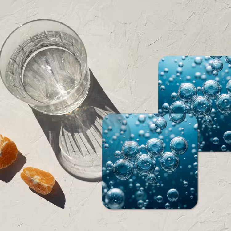 Luchtbellen - Dynamisch - Blauw onderzetter kurk middel -sfeer4