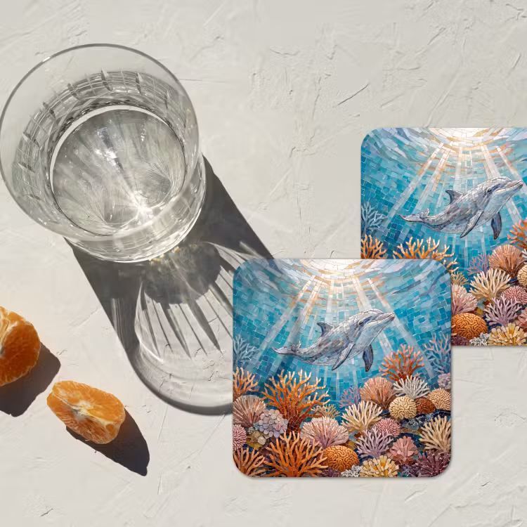 Dieren - Mozaïek - Oceaan - Koraal - Blauw onderzetter kurk middel -sfeer4