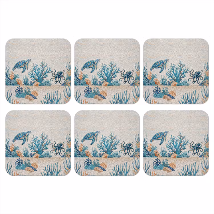 Dieren - Onderwater - Natuur - Mozaïek - Blauw onderzetter kurk middel -3d