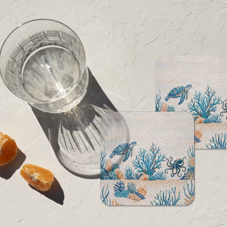 Dieren - Onderwater - Natuur - Mozaïek - Blauw onderzetter kurk middel -sfeer4