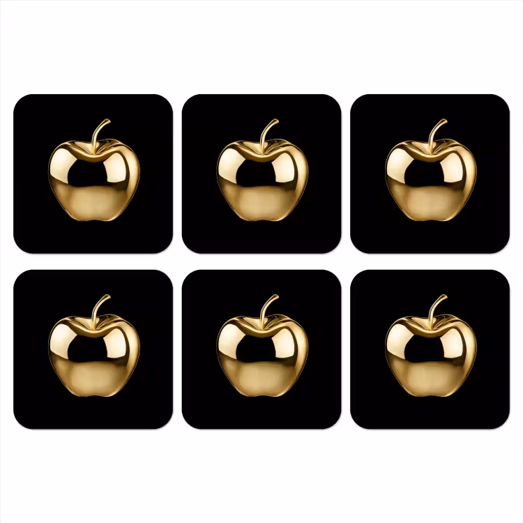Appel - Goud - Chrome - Zwart onderzetter kurk middel -3d