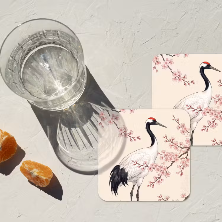 Aziatisch - Kraanvogel - Beige onderzetter kurk middel -sfeer4
