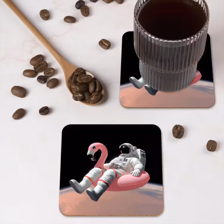 Astronaut - Flamingo - Zwemband - Roze onderzetter kurk middel -sfeer2