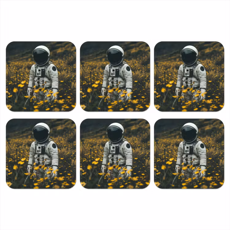 Astronaut - Bloemen - Veld - Geel onderzetter kurk middel -3d
