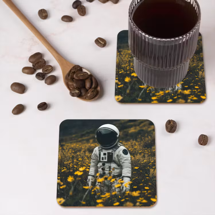 Astronaut - Bloemen - Veld - Geel onderzetter kurk middel -sfeer2