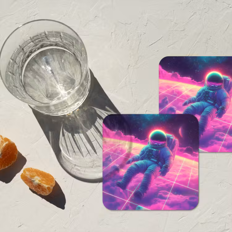 Astronaut - Neon - Roze - Wolken onderzetter kurk middel -sfeer4