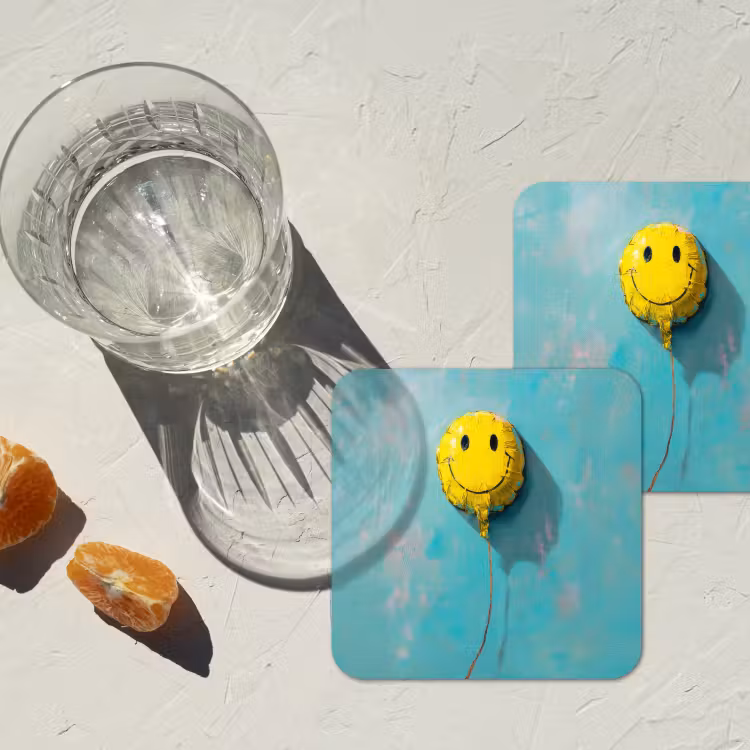 Ballon - Geel - Smiley onderzetter kurk middel -sfeer4