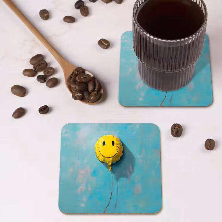 Ballon - Geel - Smiley onderzetter kurk middel -sfeer2