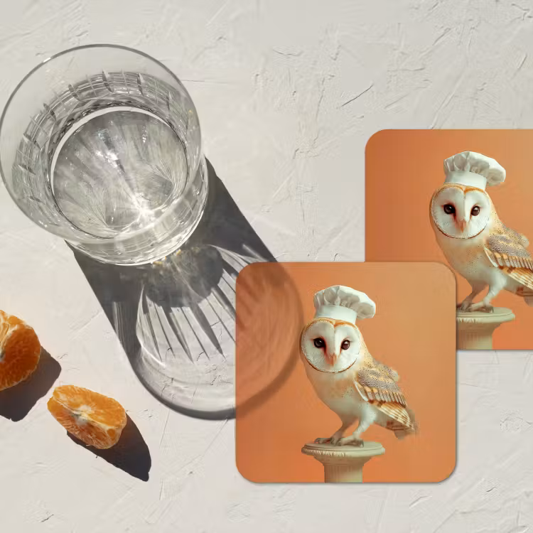Kerkuil - Koksmuts - Oranje - Vogel onderzetter kurk middel -sfeer4