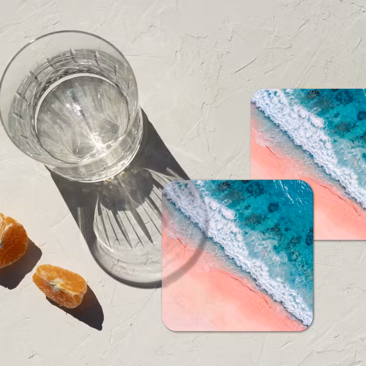 Strand - Oceaan - Golven - Roze Zand - Natuur onderzetter kurk middel -sfeer4