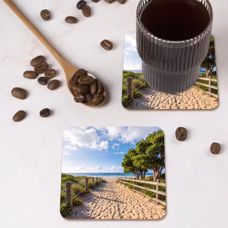 Strand - Zandpad - Oceaan - Natuur onderzetter kurk middel -sfeer2