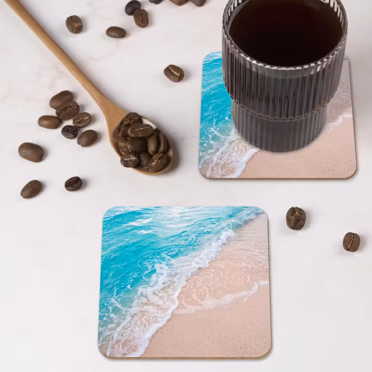 Strand - Zee - Golf - Natuur - Blauw onderzetter kurk middel -sfeer2