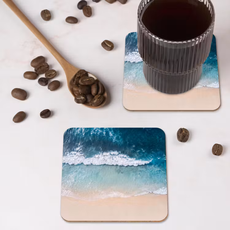 Strand - Zee - Golven - Natuur - Blauw onderzetter kurk middel -sfeer2