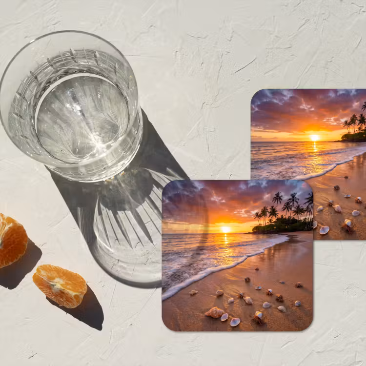 Strand - Zonsondergang - Palmbomen - Natuur - Oranje onderzetter kurk middel -sfeer4