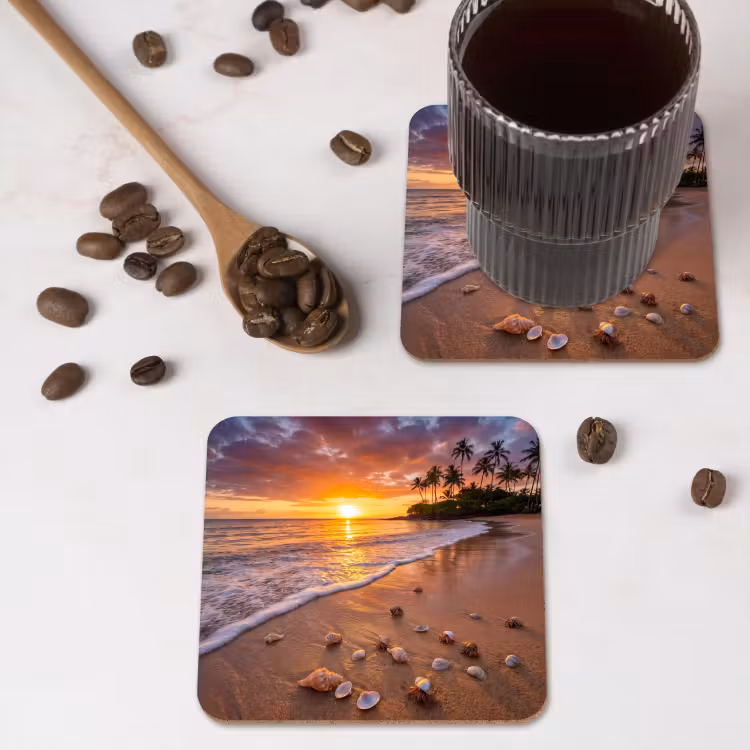 Strand - Zonsondergang - Palmbomen - Natuur - Oranje onderzetter kurk middel -sfeer2