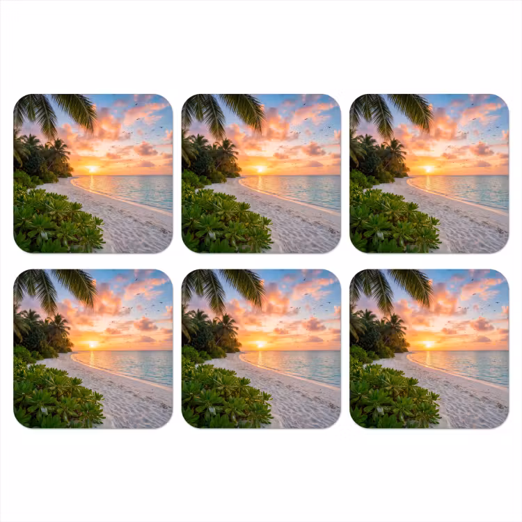 Strand - Zonsondergang - Palmbomen - Tropisch - Natuur onderzetter kurk middel -3d