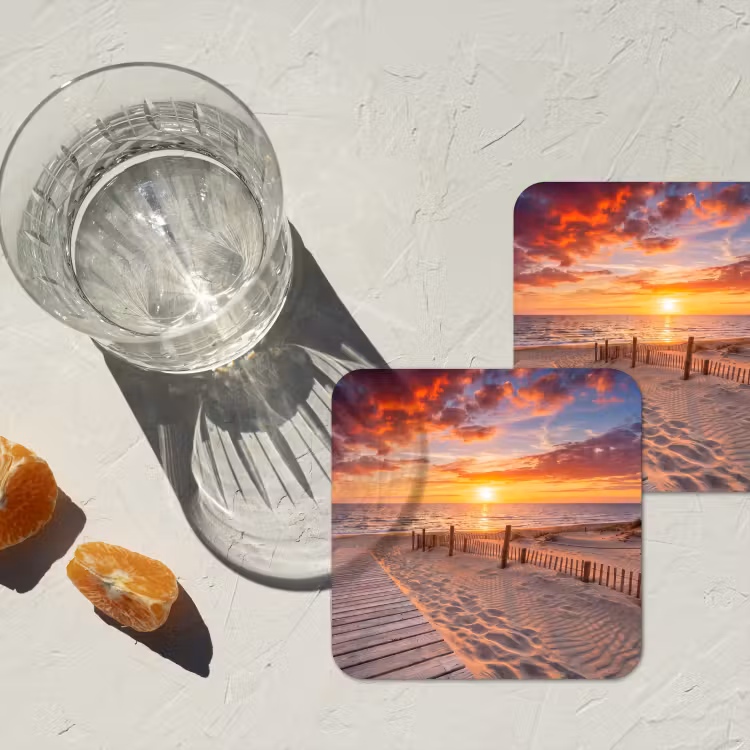 Strand - Zonsondergang - Zee - Natuur - Oranje onderzetter kurk middel -sfeer4