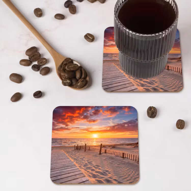 Strand - Zonsondergang - Zee - Natuur - Oranje onderzetter kurk middel -sfeer2