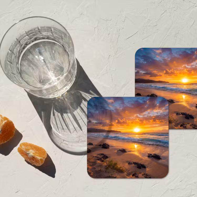 Strand - Zonsondergang - Golven - Natuur - Oranje onderzetter kurk middel -sfeer4