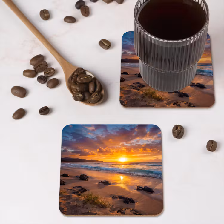 Strand - Zonsondergang - Golven - Natuur - Oranje onderzetter kurk middel -sfeer2