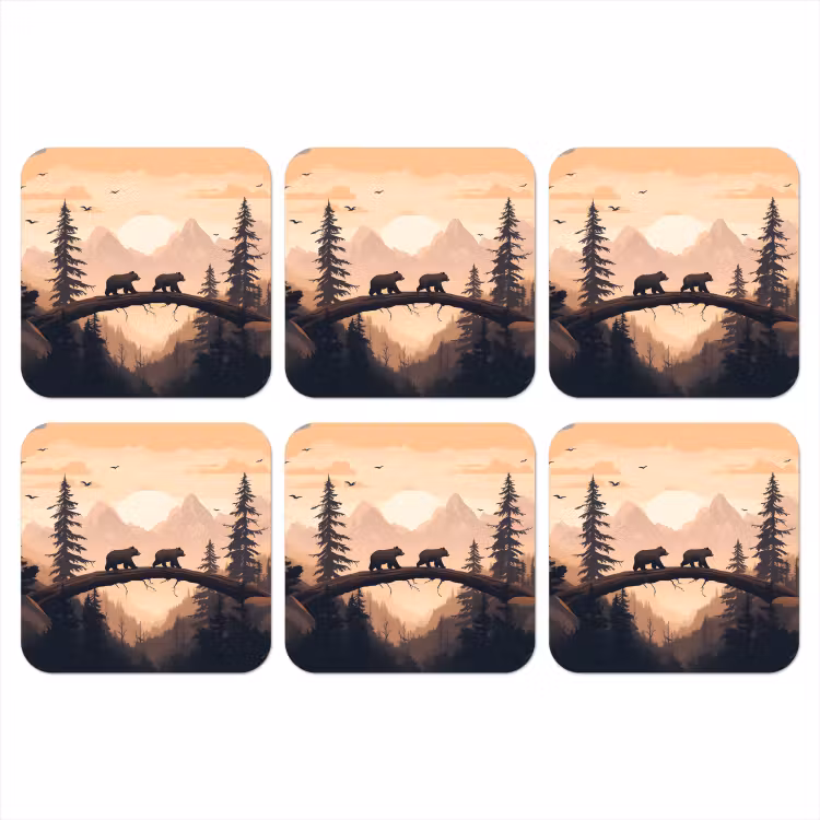 Beren - Bomen - Landschap - Zonsondergang onderzetter kurk middel -3d