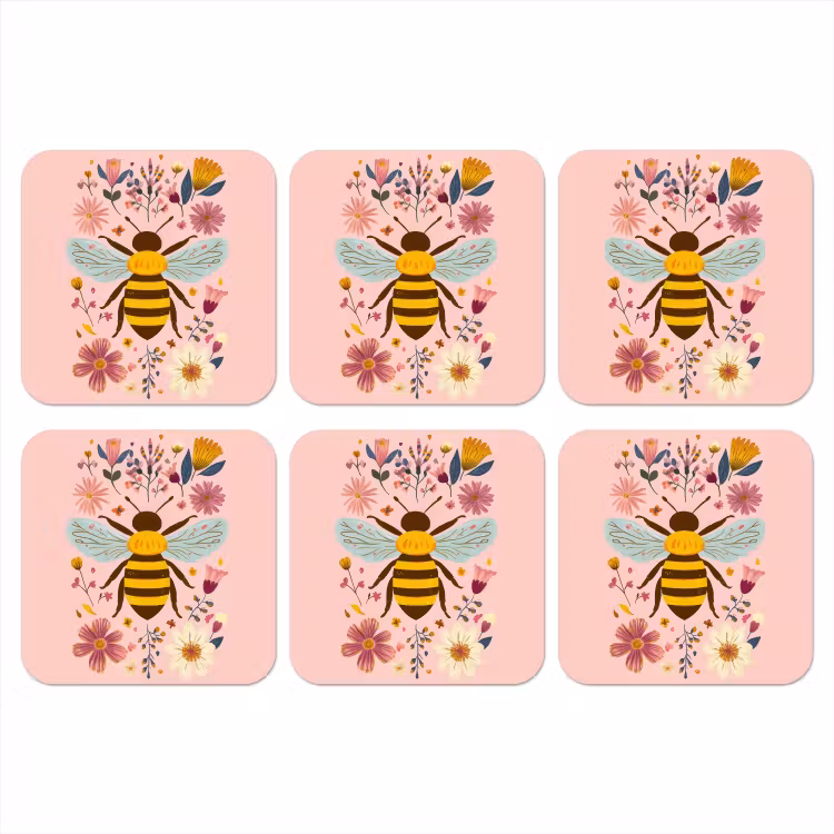 Bij - Geel - Bloemen - Kleurrijk onderzetter kurk middel -3d