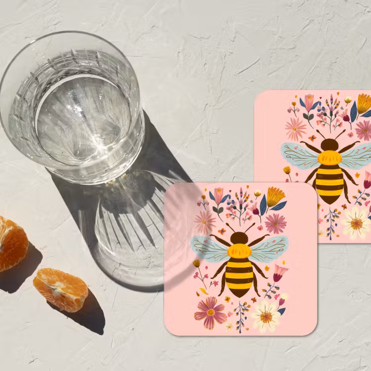 Bij - Geel - Bloemen - Kleurrijk onderzetter kurk middel -sfeer4