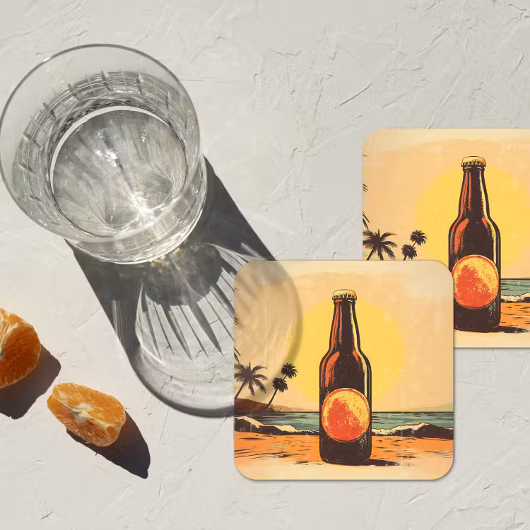 Bierfles - Zonsondergang - Palmbomen - Zee onderzetter kurk middel -sfeer4