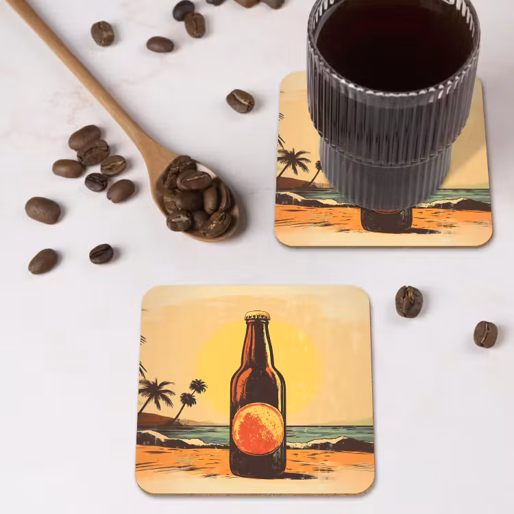 Bierfles - Zonsondergang - Palmbomen - Zee onderzetter kurk middel -sfeer2