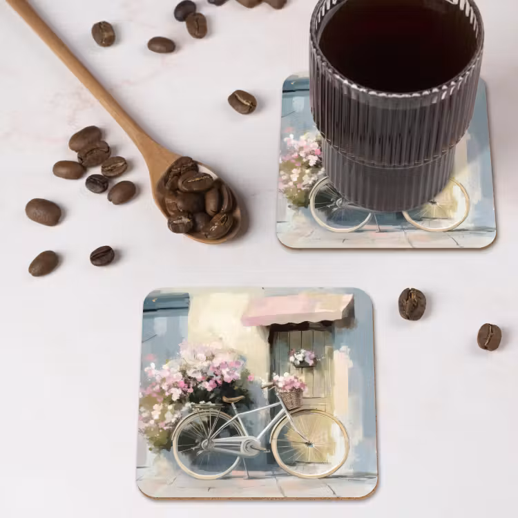 Fiets - Pastelkleuren - Bloemen onderzetter kurk middel -sfeer2