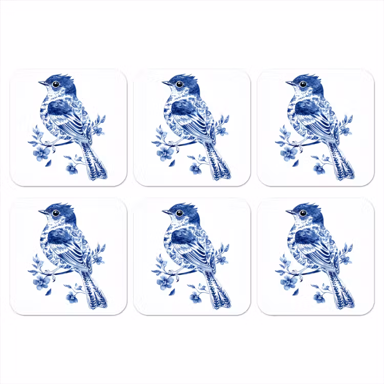 Vogel - Delfts blauw - Illustratie - Bloemen onderzetter kurk middel -3d
