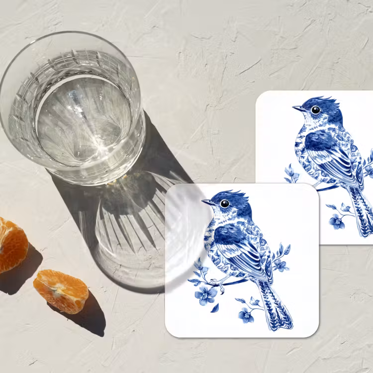 Vogel - Delfts blauw - Illustratie - Bloemen onderzetter kurk middel -sfeer4