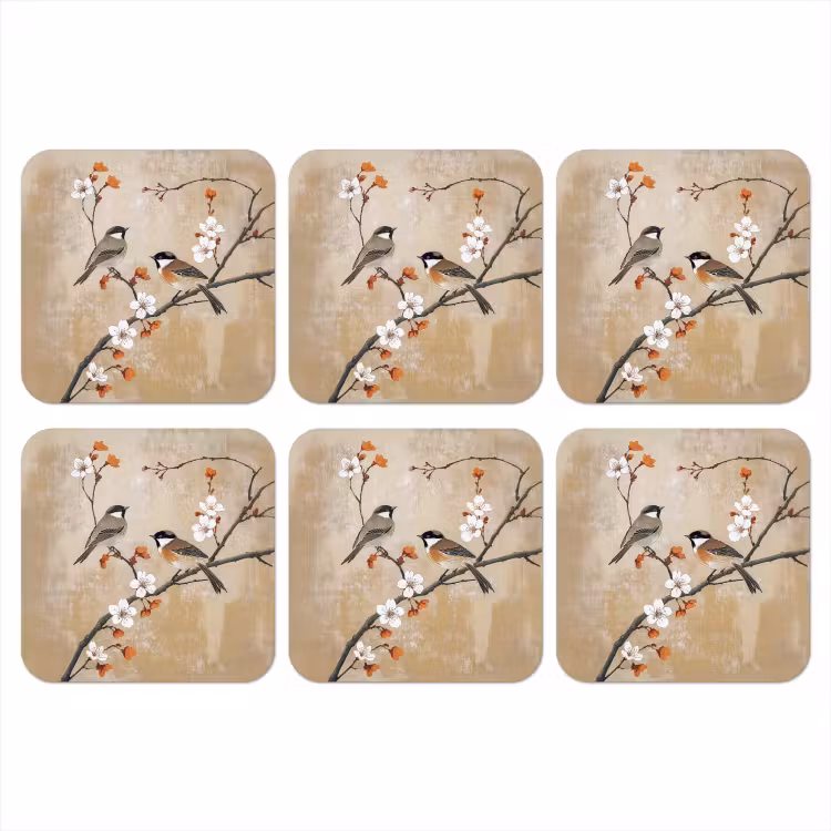 Vogels - Bloesemtak - Bloemen - Oranje onderzetter kurk middel -3d