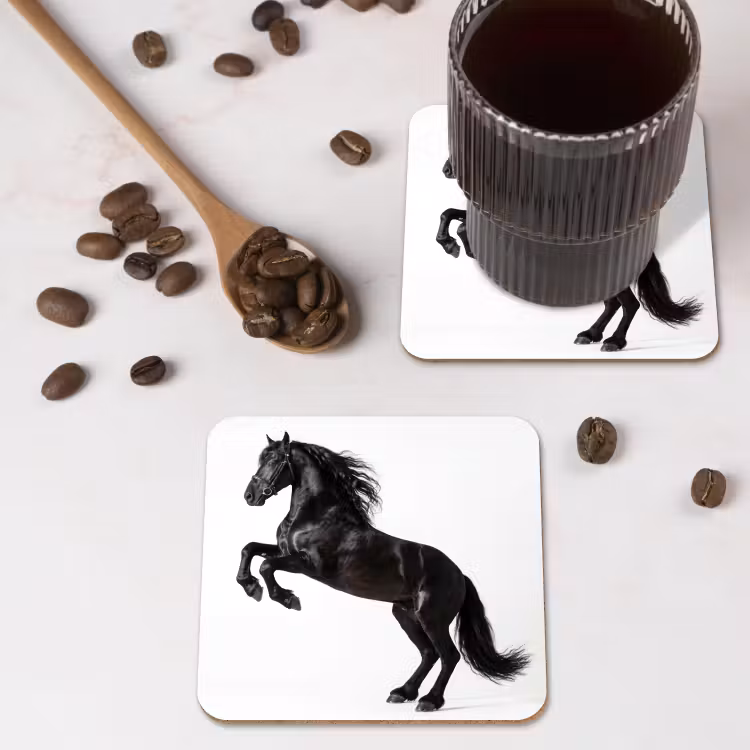 Zwart - Paard - Portret onderzetter kurk middel -sfeer2