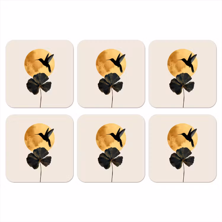 Zwarte kolibrie - Bloem - Gouden cirkel onderzetter kurk middel -3d