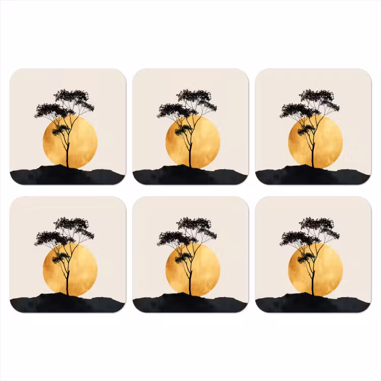 Zwarte boom - Gouden cirkel - Heuvel onderzetter kurk middel -3d
