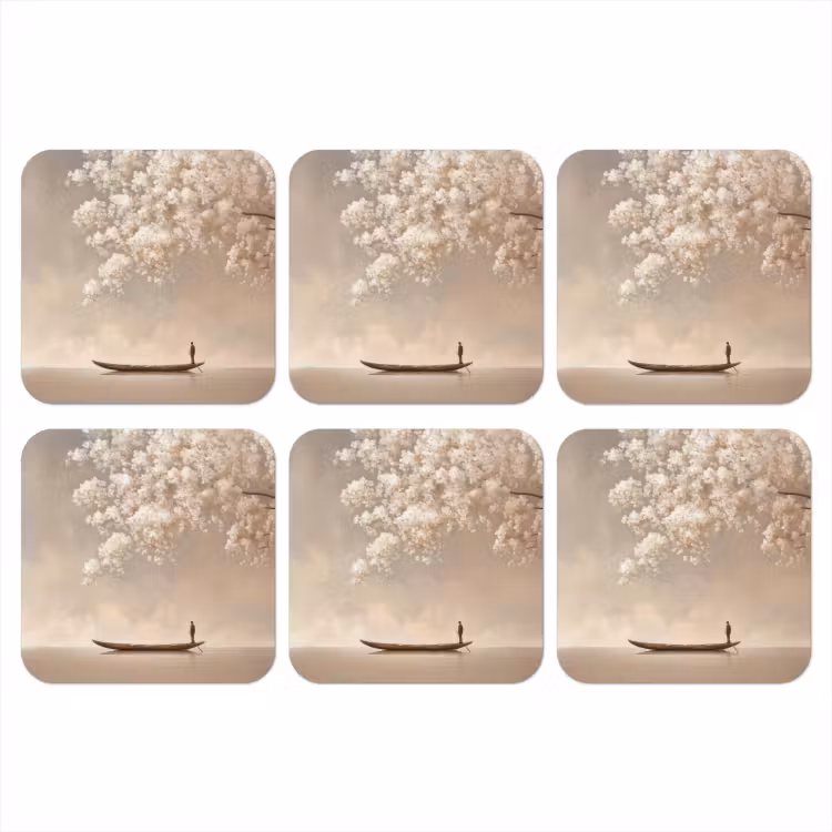 Bloesems - Wit - Boot - Minimalistisch onderzetter kurk middel -3d