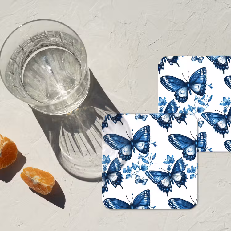 Blauw - Vlinders - Bloemen - Wit onderzetter kurk middel 366 -sfeer4