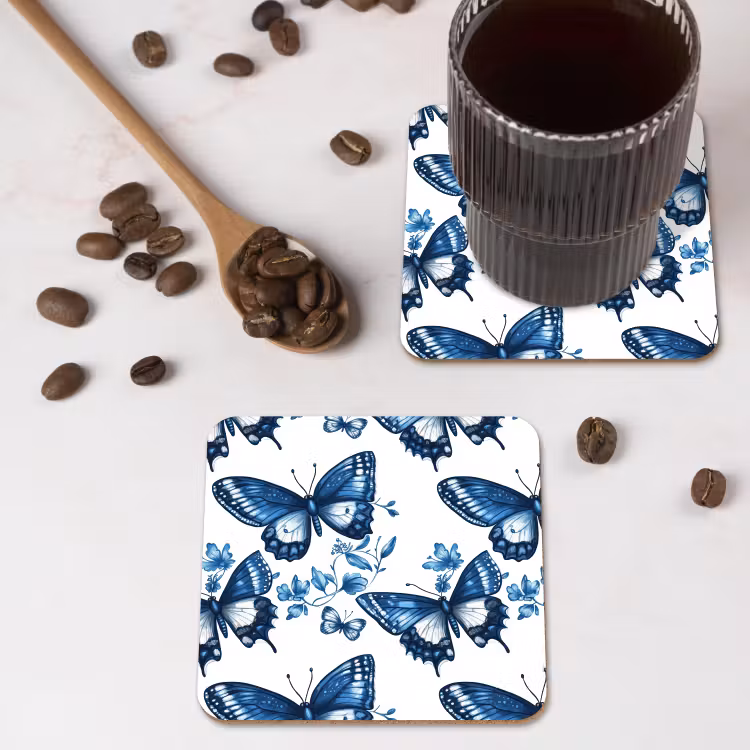 Blauw - Vlinders - Bloemen - Wit onderzetter kurk middel 366 -sfeer2