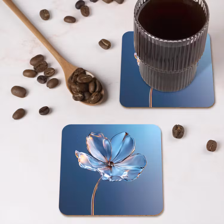 Blauw - Bloem - Glazen - Sierlijk onderzetter kurk middel -sfeer2