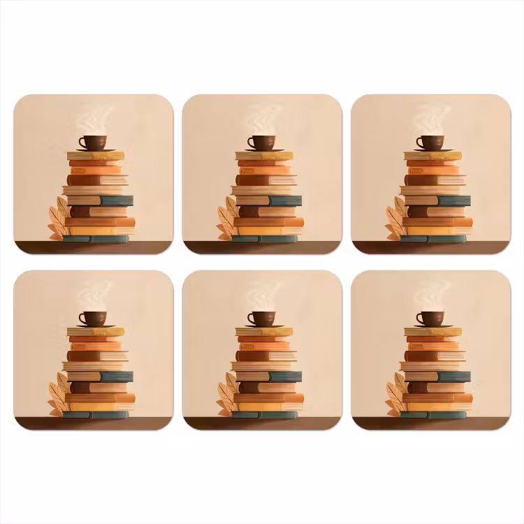 Boeken - Toren - Koffie - Beige onderzetter kurk middel -3d