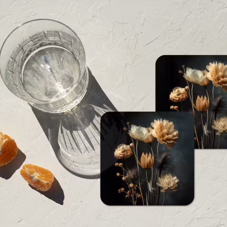 Boeket - Bloemen - Licht - Zwart onderzetter kurk middel -sfeer4