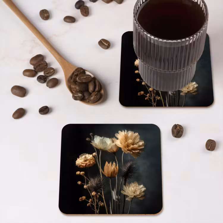 Boeket - Bloemen - Licht - Zwart onderzetter kurk middel -sfeer2