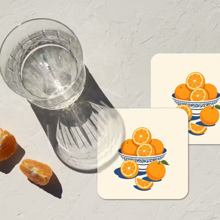 Schaal - Minimalistisch - Oranje - Sinaasappels onderzetter kurk middel -sfeer4