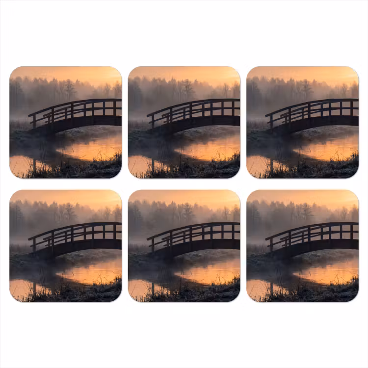 Brug - Mist - Bomen - Water onderzetter kurk middel -3d