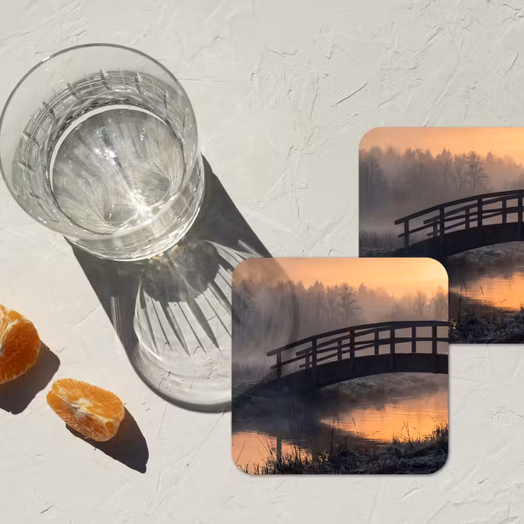 Brug - Mist - Bomen - Water onderzetter kurk middel -sfeer4