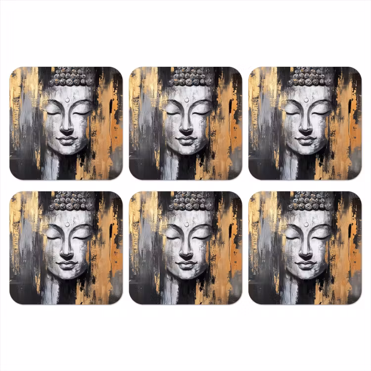 Boedhha - Penseelstreken - Goud - Abstract onderzetter kurk middel -3d
