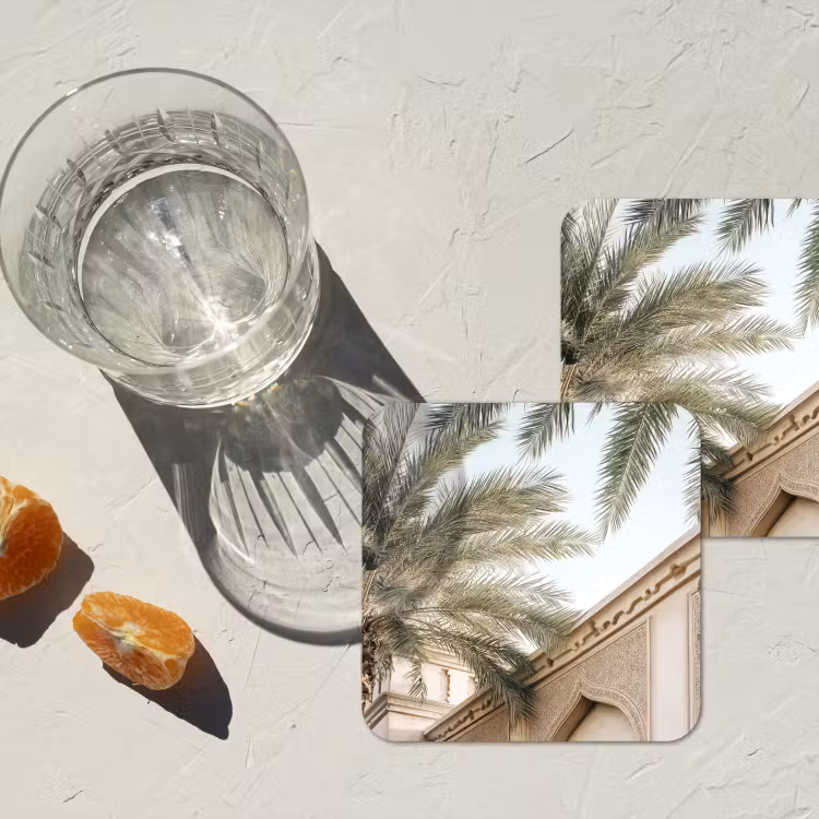 Gebouw - Palmbomen - Beige - Zon onderzetter kurk middel -sfeer4