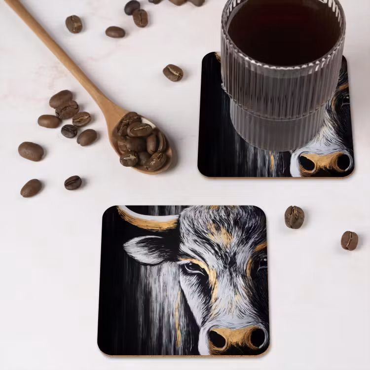 Stier - Hoorns - Snuit - Goud onderzetter kurk middel -sfeer2